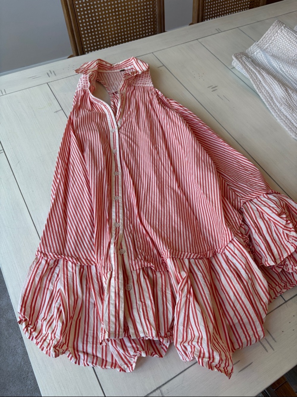 Free People Red and White Striped Ruffle Button-Front Dress